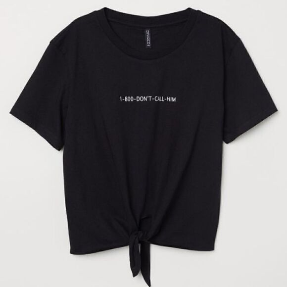 Black‎ H&M 1-800-dont-call-him Tie Front Graphic cropped T-shirt size small - Picture 1 of 3